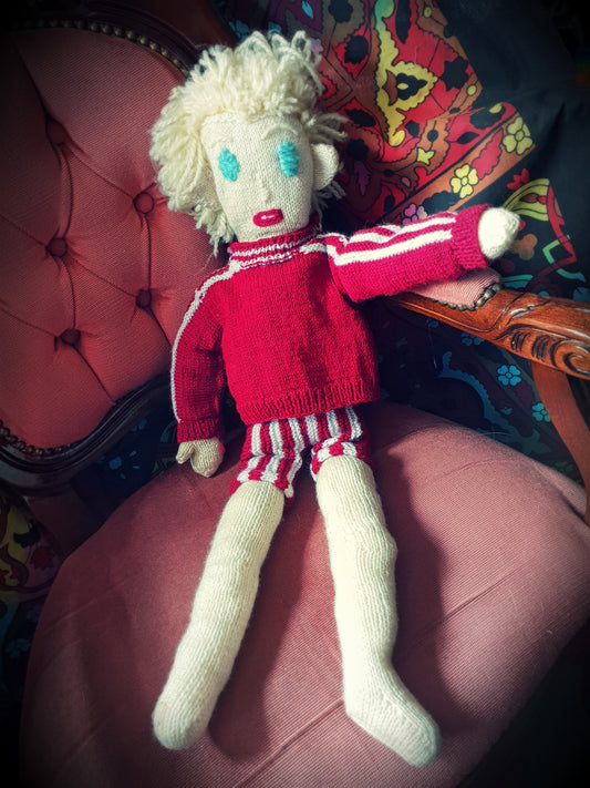 Creepy tall knitted man doll